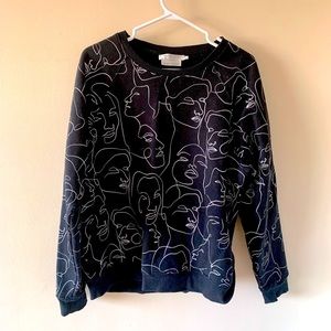 Simons Contemporaine black abstract faces print crew neck sweater